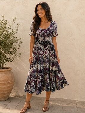 Miss Nikky Purple Abstract Print Swing Dress Size 10 Boho Stretch Midi